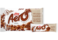 Chocolat au lait AERO, conditionnement multiple, 4 portions de 42 grammes. 100% de cacao issu de sources durables.